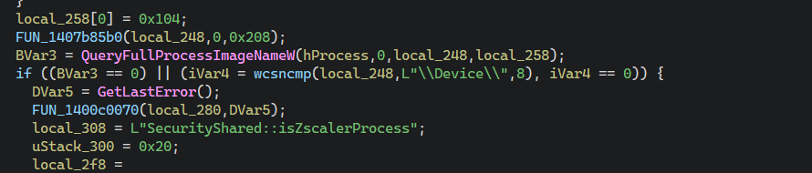 Decompiled isZscalerProcess - OpenProcess and QueryFullProcessImageNameW