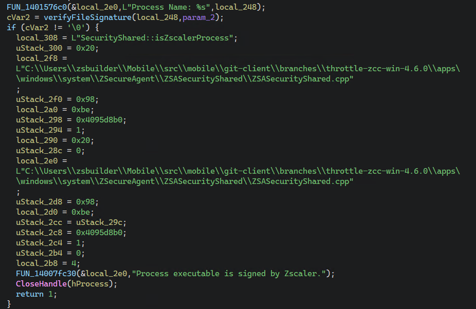 Decompiled isZscalerProcess - verifyFileSignature check