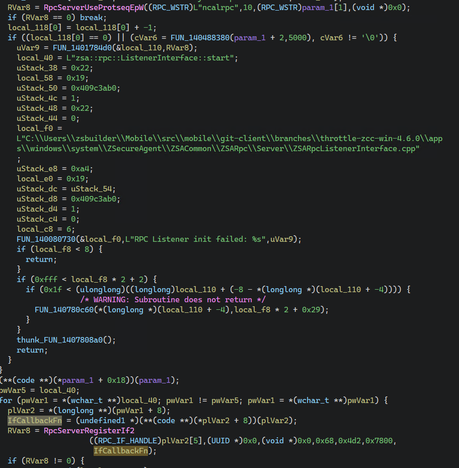 Decompiled ListenerInterface::start - RpcServerRegisterIf2 with IfCallbackFn