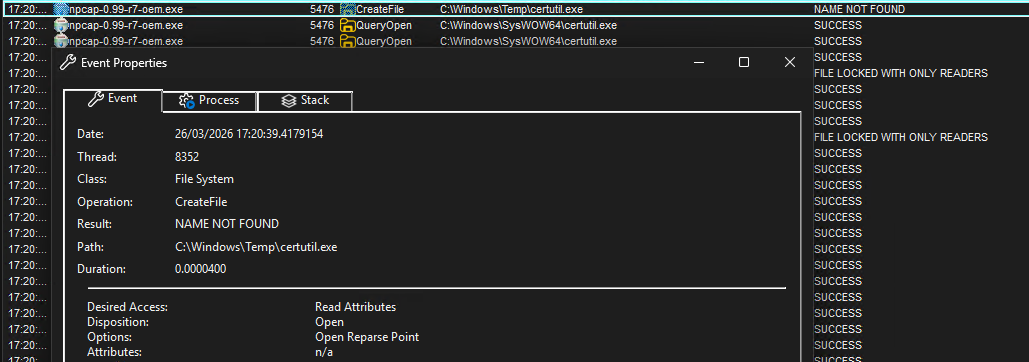 Procmon - certutil.exe launched with C:\Windows\Temp as the working directory