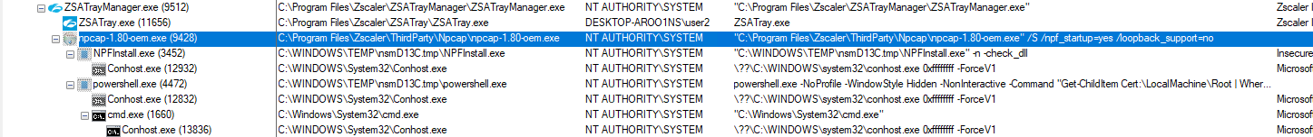 Procmon - ZSATrayManager launching the bundled Npcap installer as SYSTEM