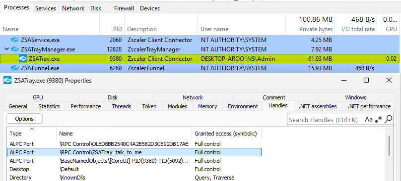 Zscaler process hierarchy and ALPC port