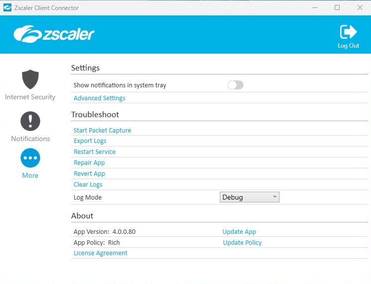 Zscaler Client Connector - Troubleshoot menu with Repair App and Start Packet Capture