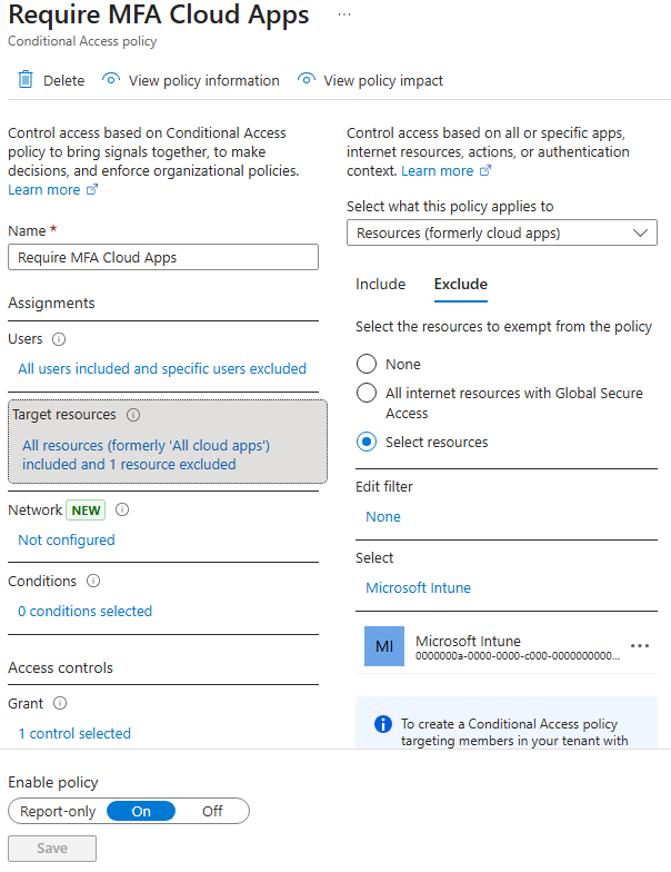 Excluding the Microsoft Intune resource from Conditional Access