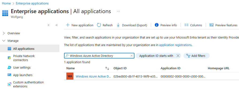 Finding the Azure Active Directory application