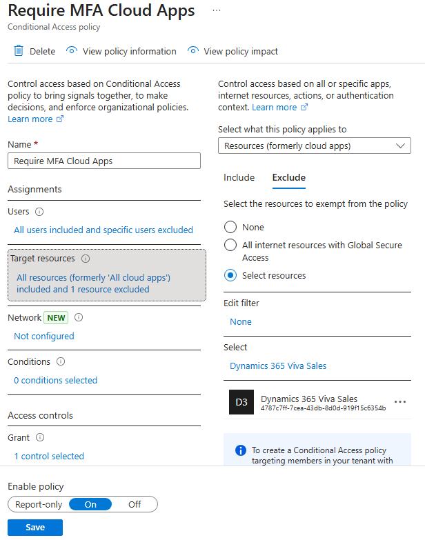 MFA policy configured with a single exception