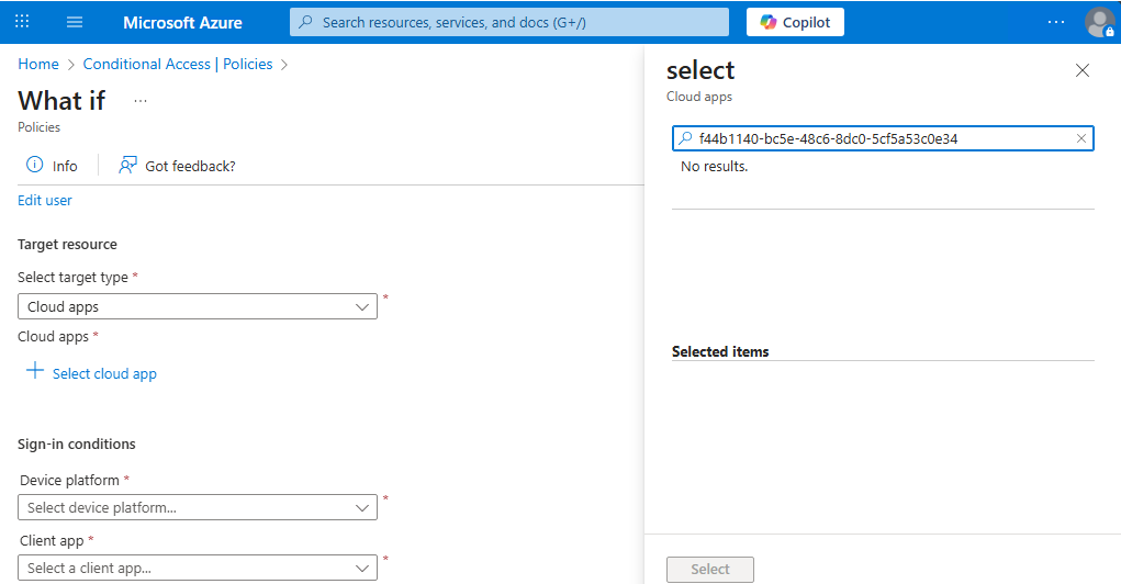 The What If tool cannot select the Edge application or Windows AAD resource